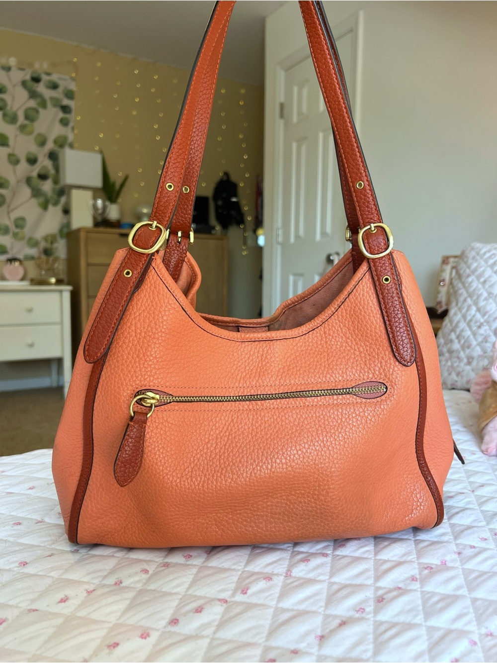 COACH Lori Coral Burnt Orange Colorblock Pebble Leather Vintage Shoulder Bag - Picture 5 of 9